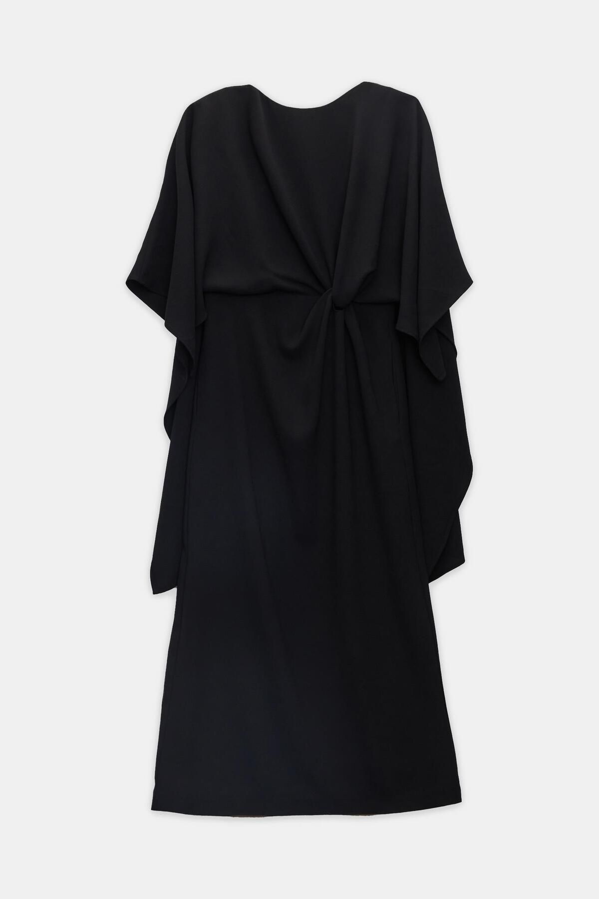 Setre-Black Boat Neck Waist Drawstring Detail Long Sleeve Midi Length Dress 6