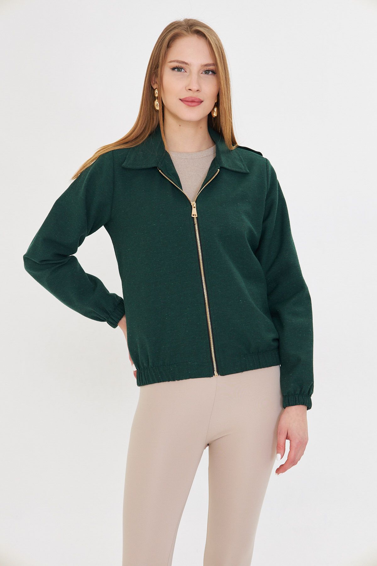 armonika-Women's Emerald Front Zipper Gabardine Coat Arm-22K 001068 2