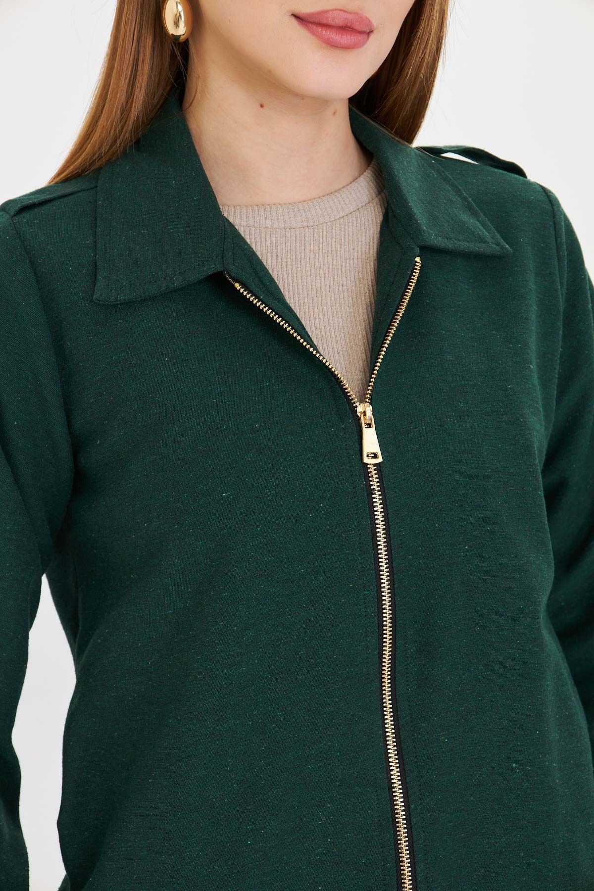 armonika-Women's Emerald Front Zipper Gabardine Coat Arm-22K 001068 3