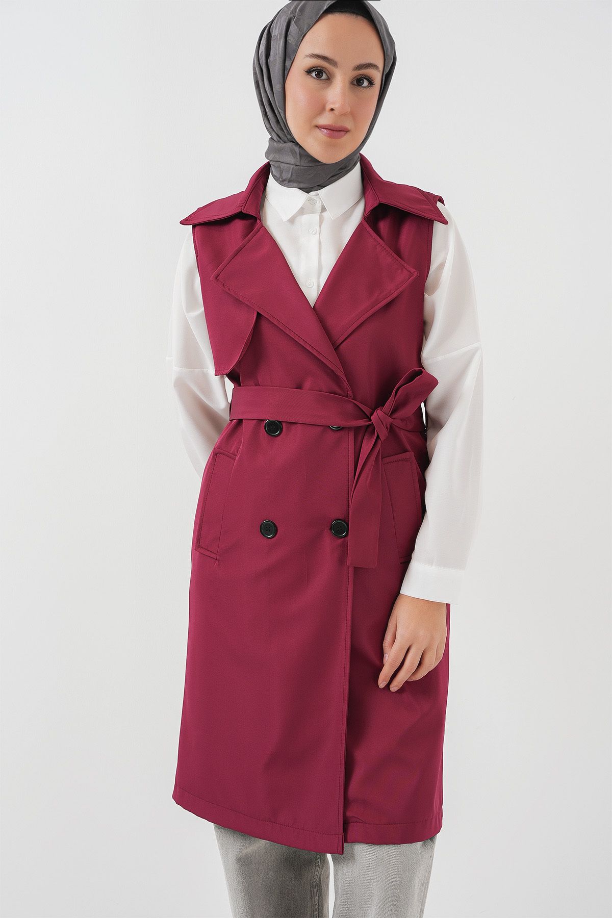 Bigdart-5911 Double Breasted Collar Trench Coat Vest - Claret Red 3