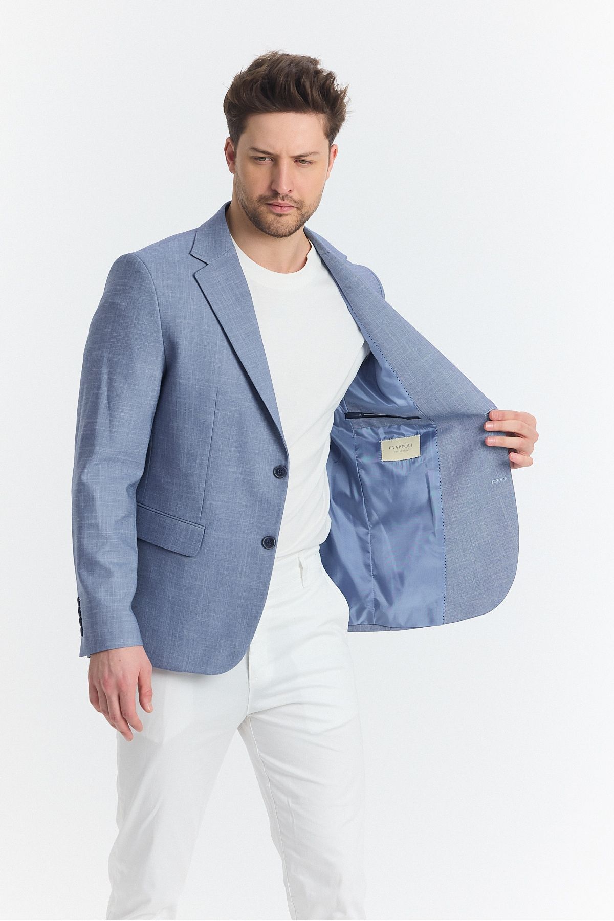 Frappoli-Tacues Men's Indigo Half Lined Flap Pocket Linen Blended Spring-Summer Sports Blazer Jacket 5