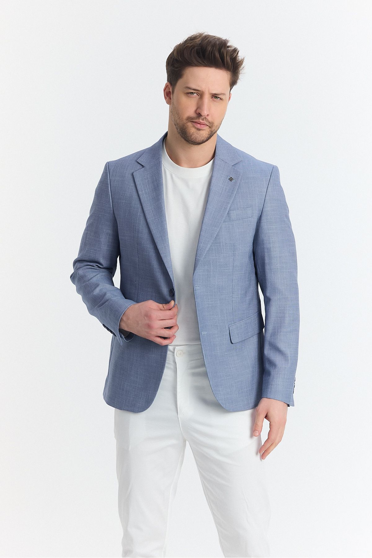 Frappoli-Tacues Men's Indigo Half Lined Flap Pocket Linen Blended Spring-Summer Sports Blazer Jacket 1