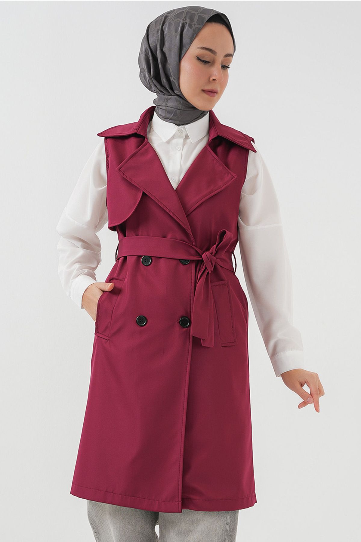 Bigdart-5911 Double Breasted Collar Trench Coat Vest - Claret Red 1