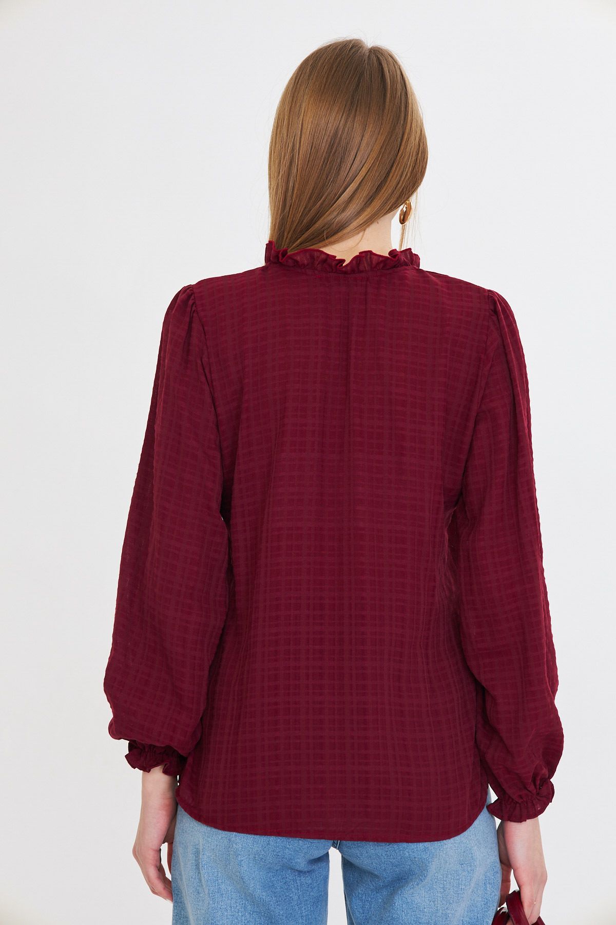 armonika-Women's Burgundy Long Sleeve Blouse with Ruffle Detail on the Collar and Elastic Sleeves Arm-25K 001030 5