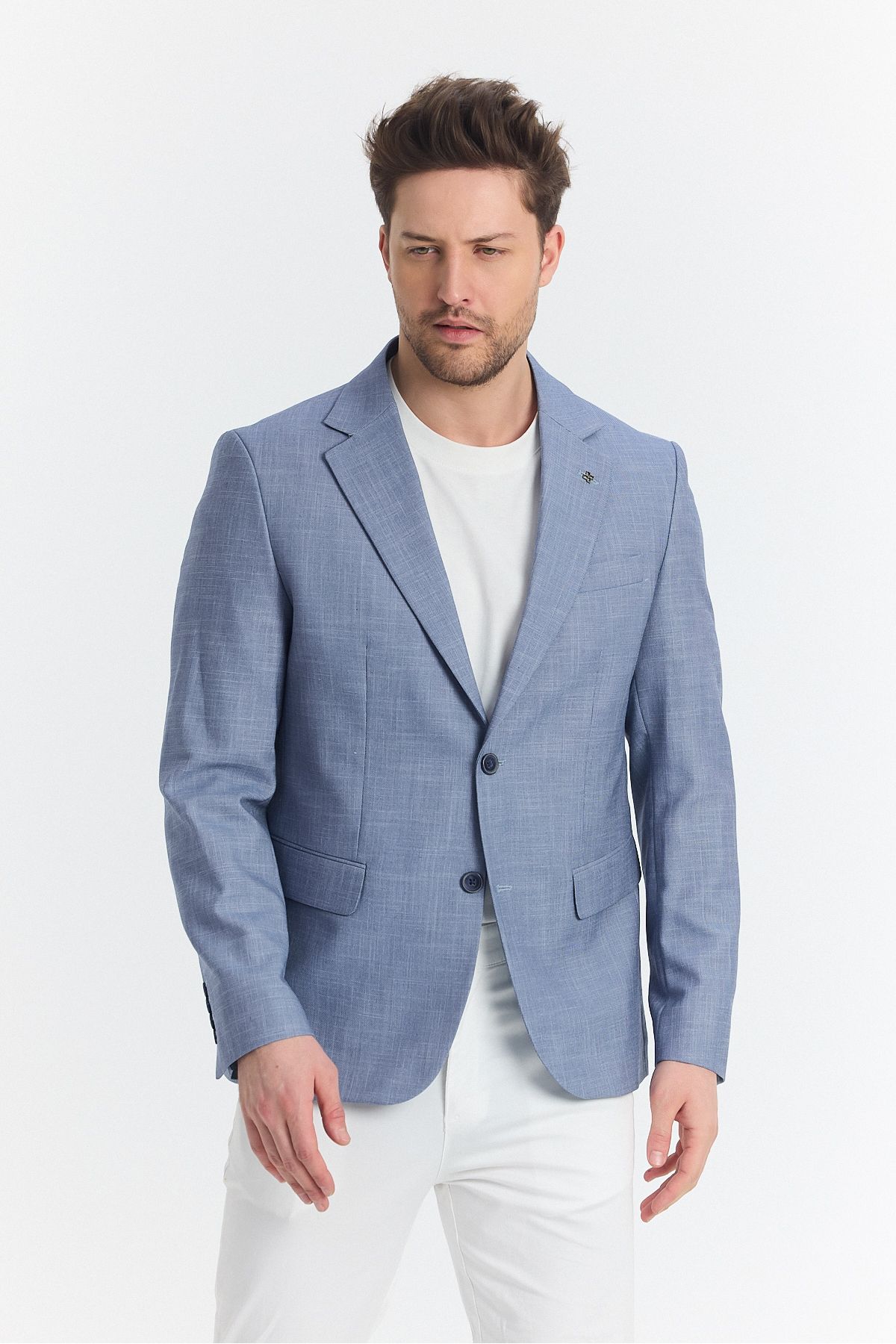 Frappoli-Tacues Men's Indigo Half Lined Flap Pocket Linen Blended Spring-Summer Sports Blazer Jacket 4