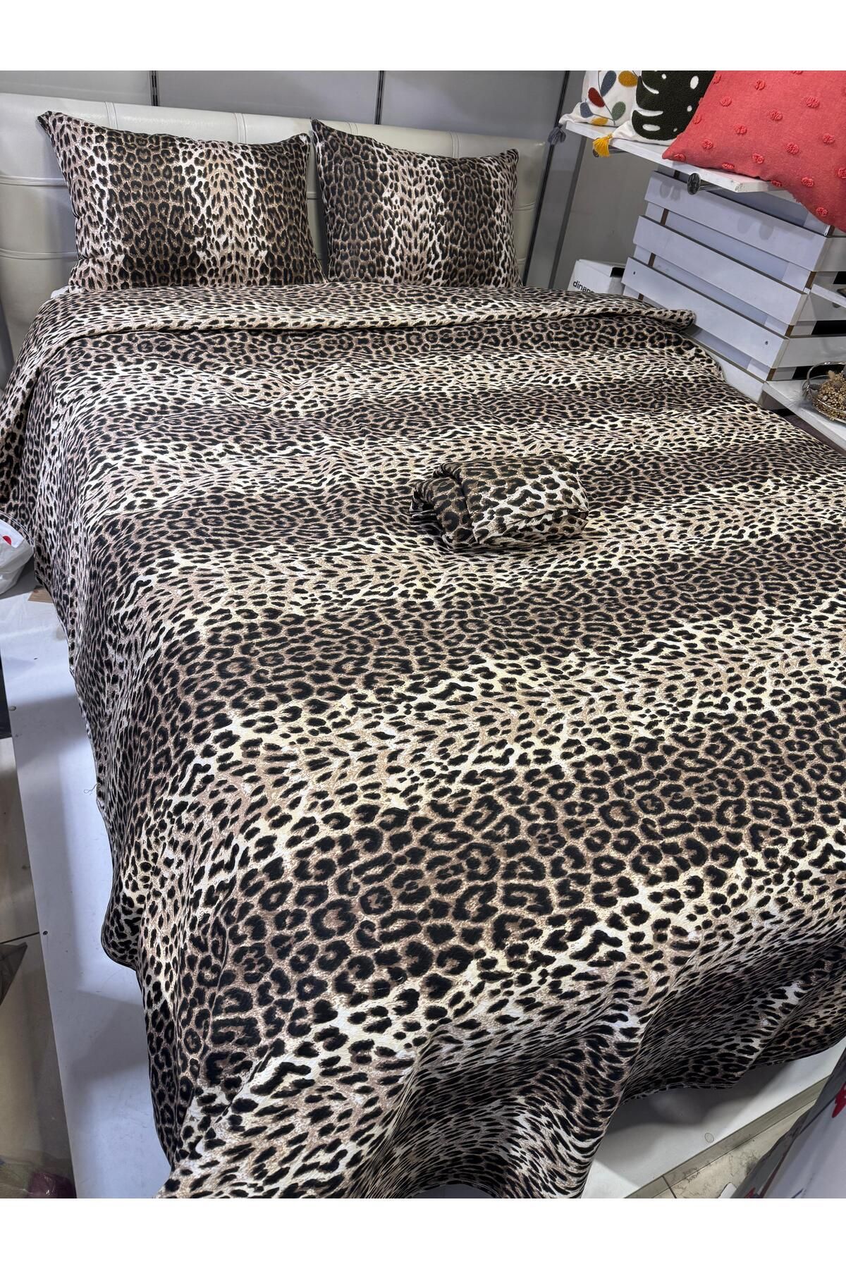 ŞENER HOME-Cotton Single Fitted (Elastic) Leopard Patterned Duvet Cover Set with Sheets 3