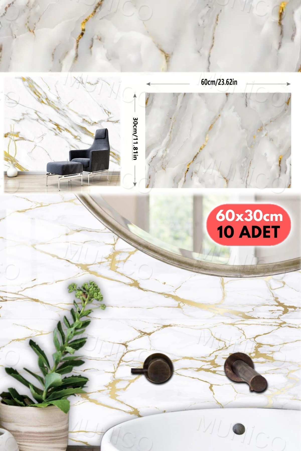 Munico 10 Parça Duvar Etiketi Mermer Fayans Etiketi Kendinden Yapışkanlı 60x30 Cm Seramik Plaklar Vinil