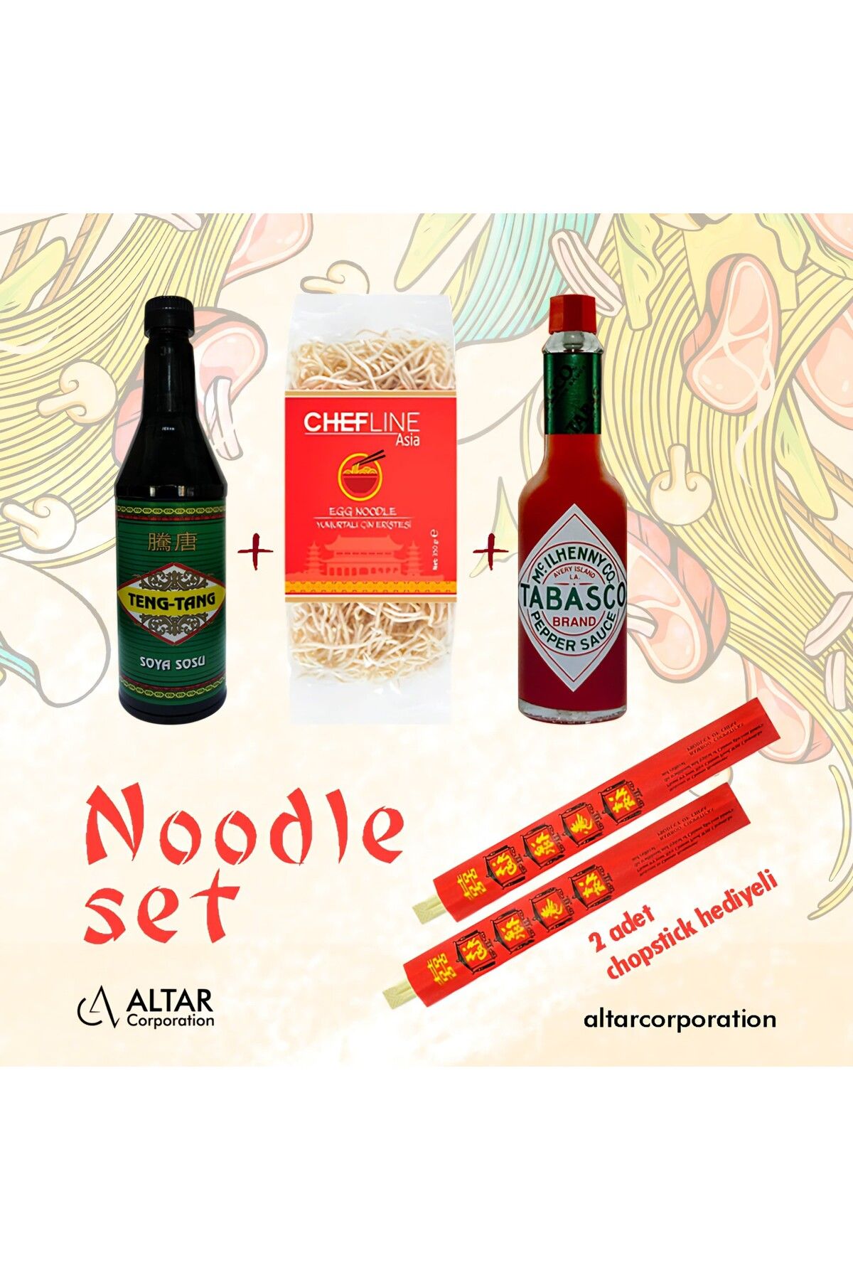 Chefline Asia Noodle Set / Noodle + Soya Sosu + Acı Sos / Chopstick Hediyeli Set