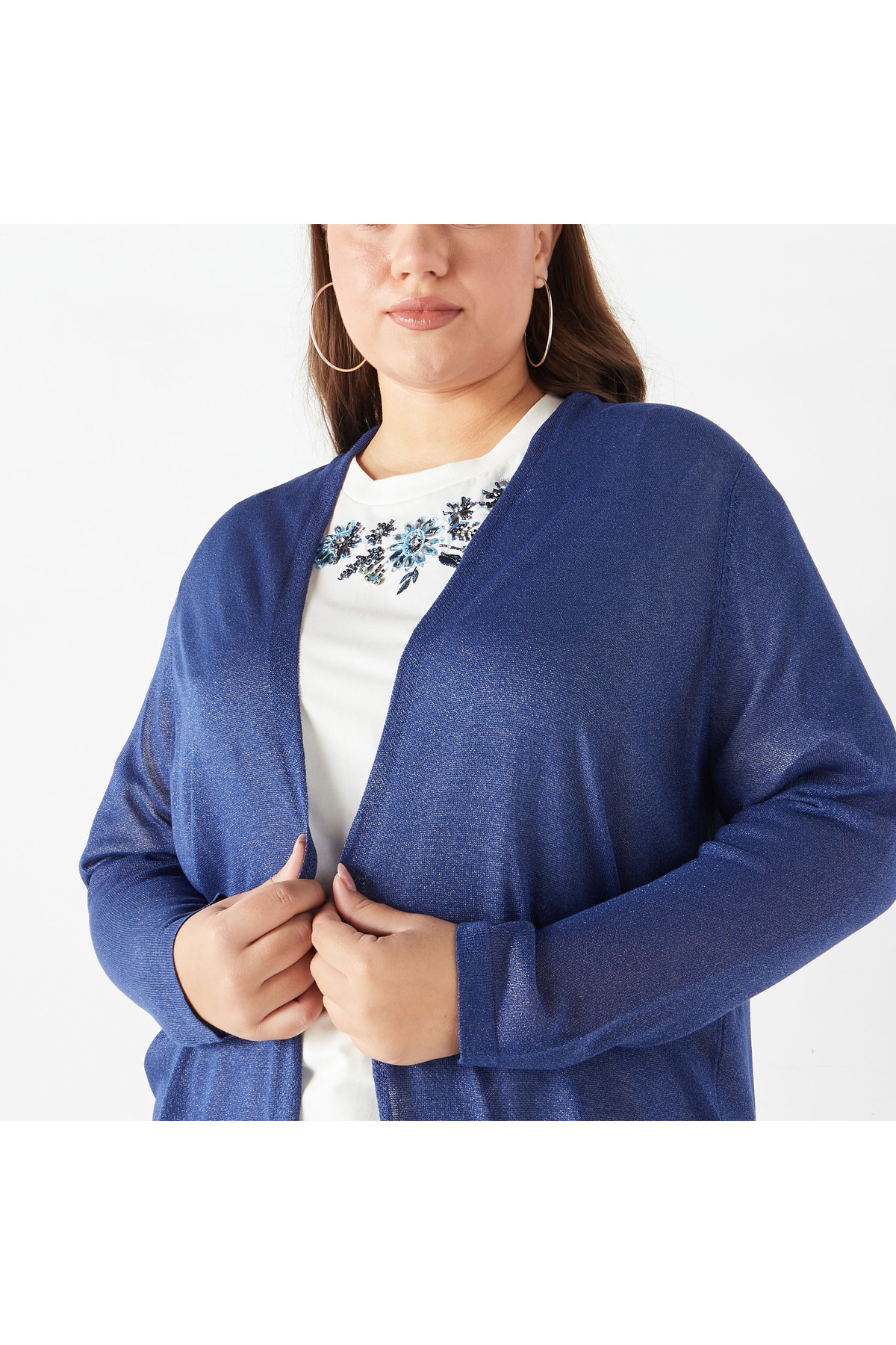 Ulla Popken-Plus Size Textured Open Front Shrug With Long Sleeves And Pockets 4