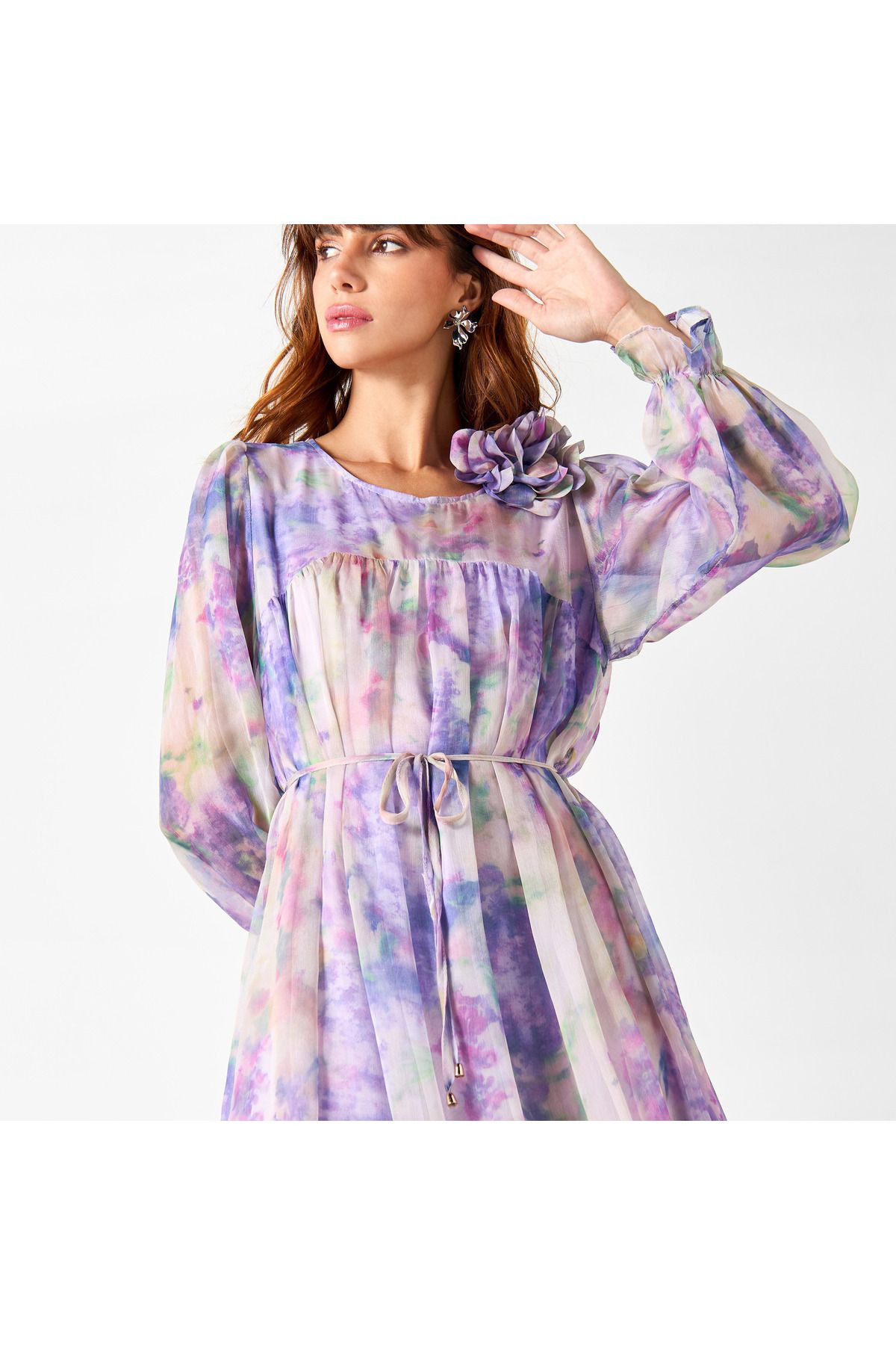 2Xtremz-All-over Print Dress With Volume Sleeves And Tie-up Belt 4