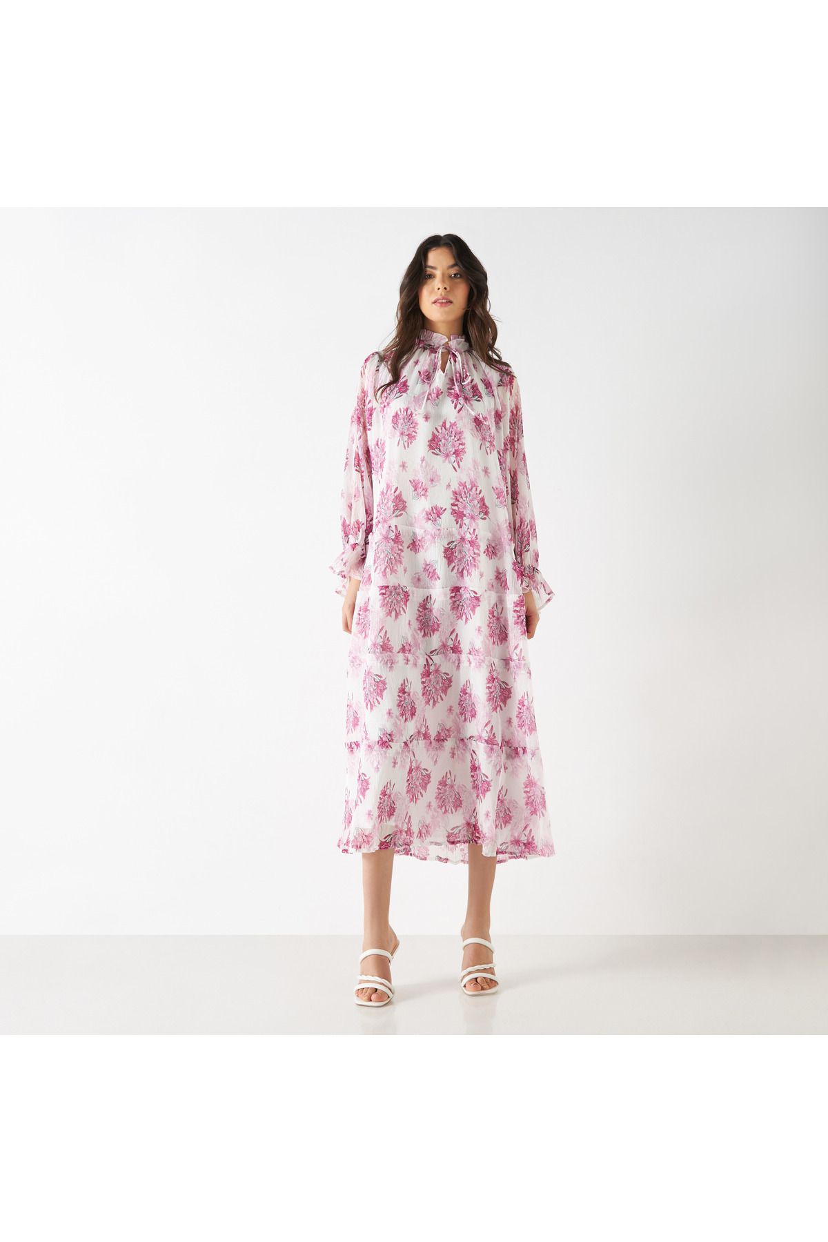 Iconic-All-over Floral Print Tiered Dress With Long Sleeves And Neck Tie-ups 1