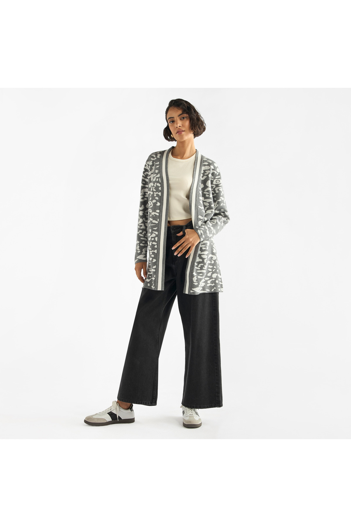 FAV-Textured Open Front Cardigan With Long Sleeves 2