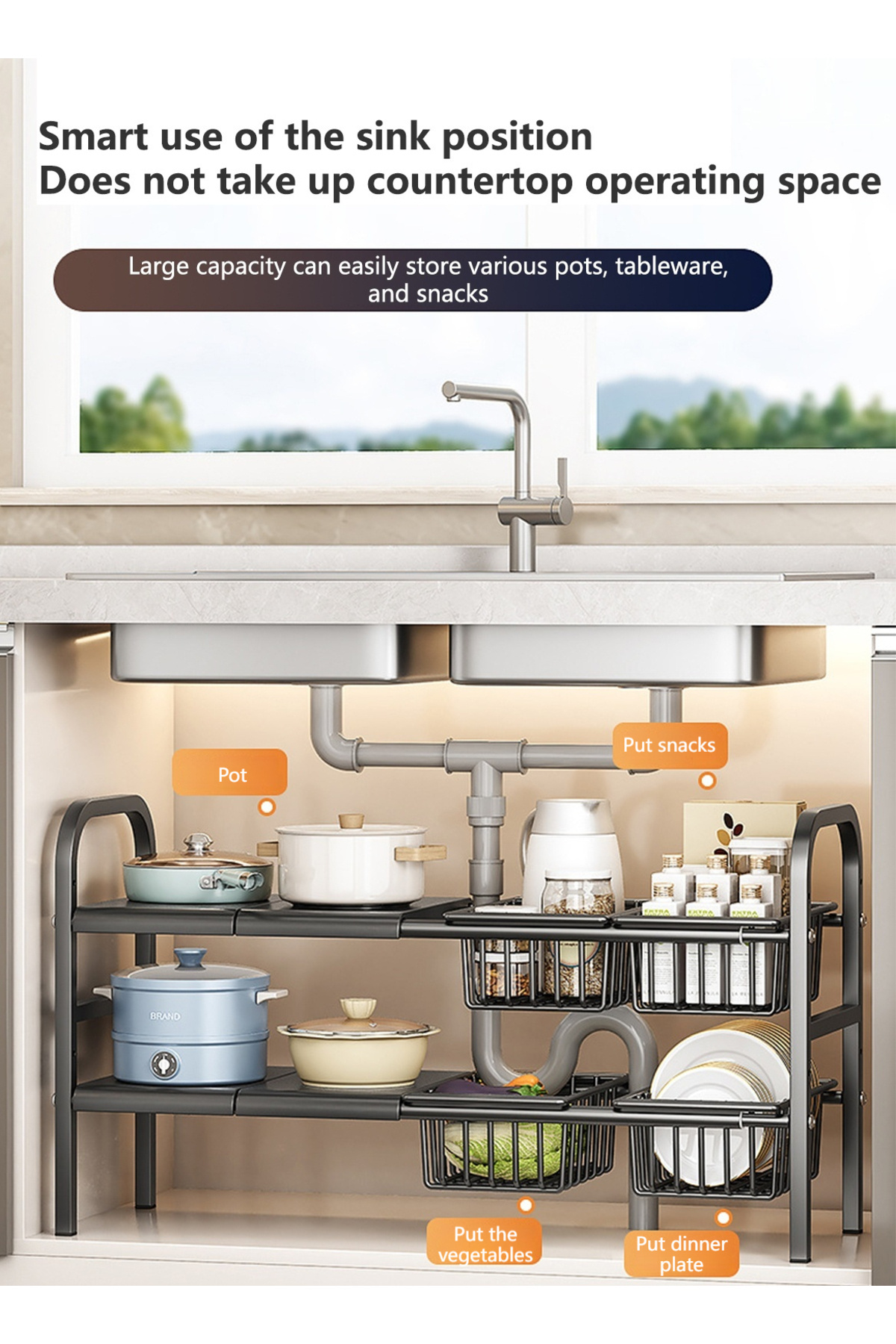sharpdo-Double Layer Under Sink Retractable Storage Rack, Layered Storage Rack with Adjustable Height 5