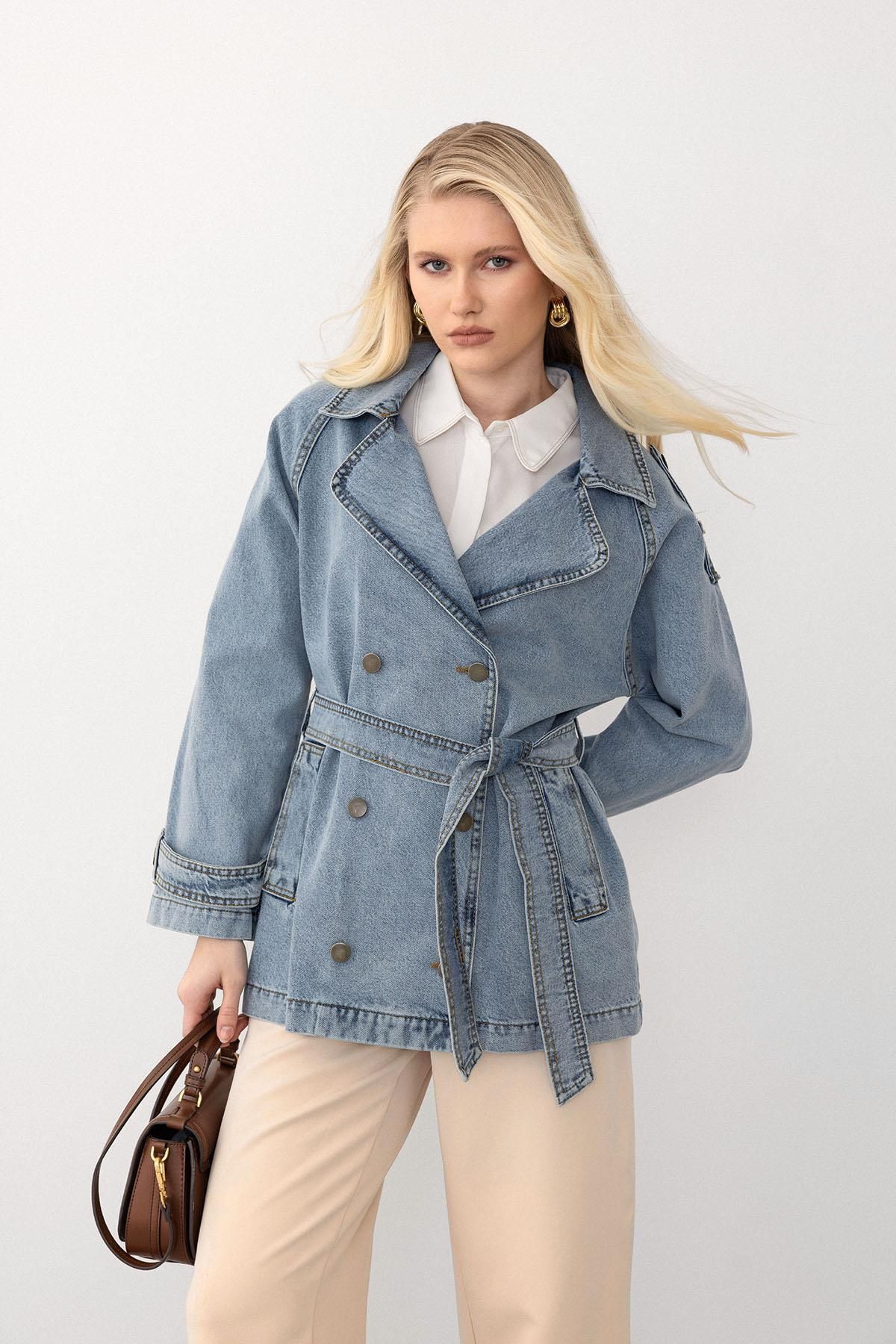 Olcay-Epaulet Detailed Oversize Denim Jacket Blue 8251 5