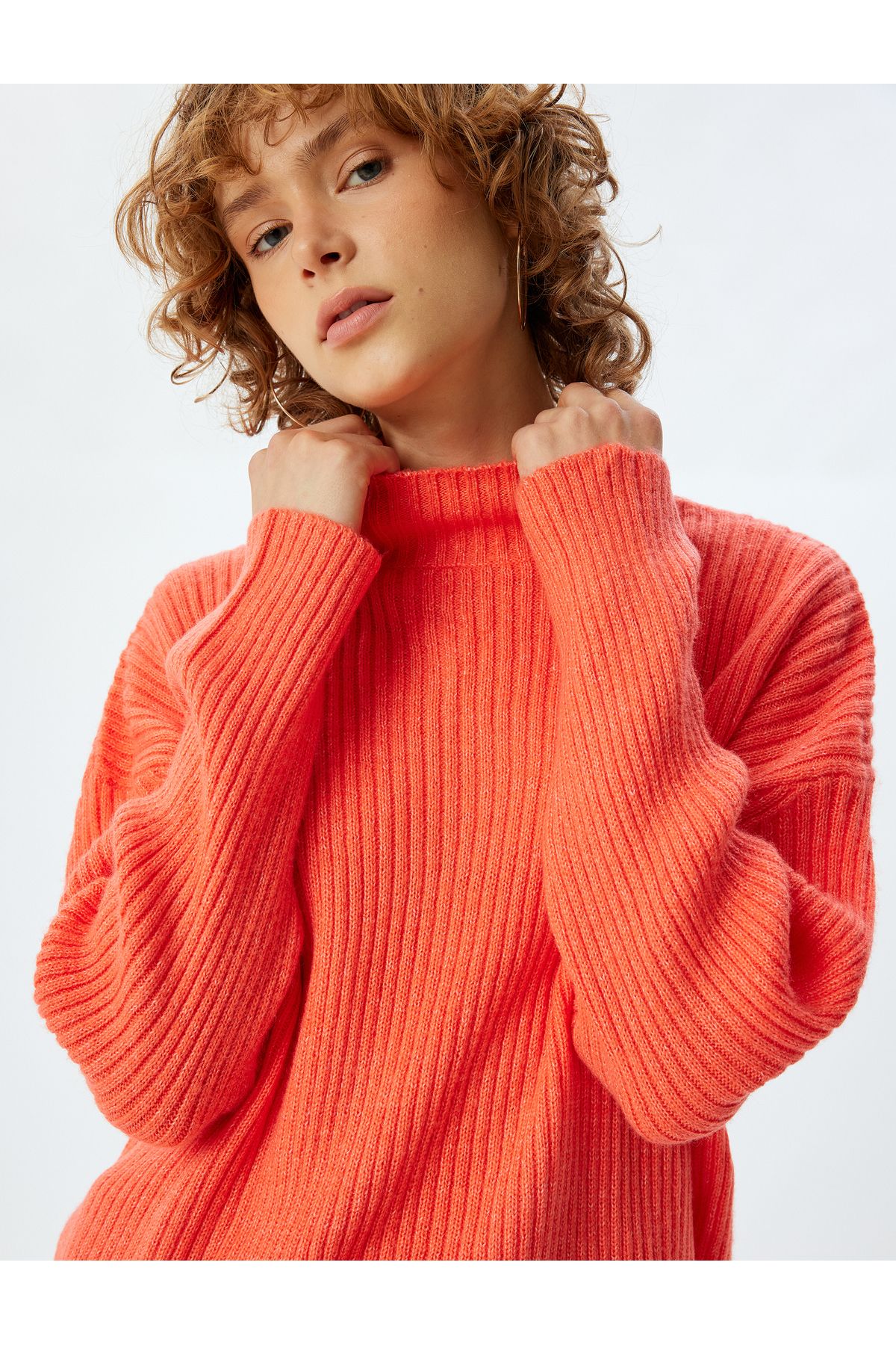 Koton-Knitwear Oversize Sweater - Stand Collar, Long Sleeve, Textured 2