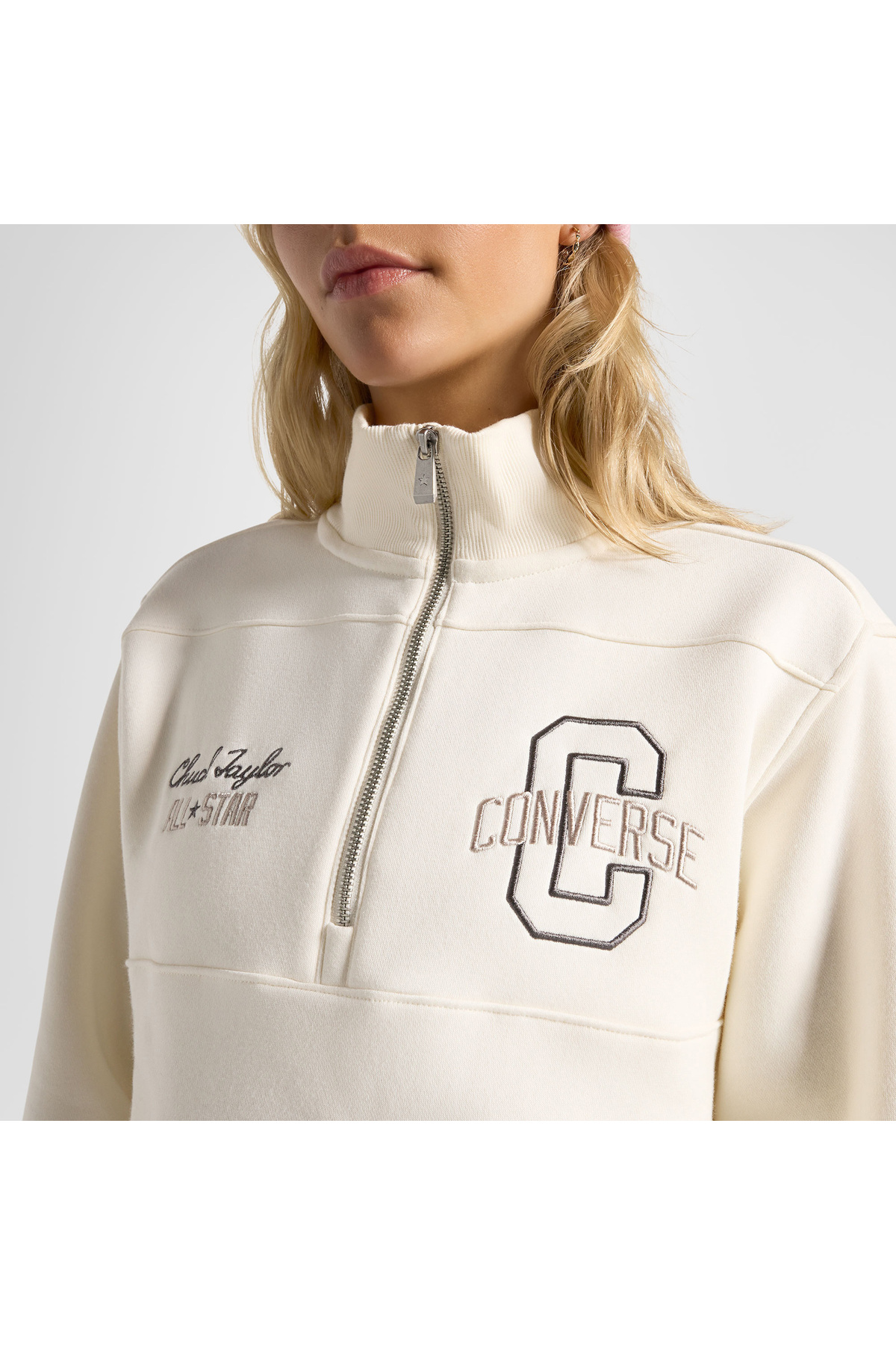 Converse Classic Kadın Yarım Fermuarlı Krem Sweatshirt görsel 5