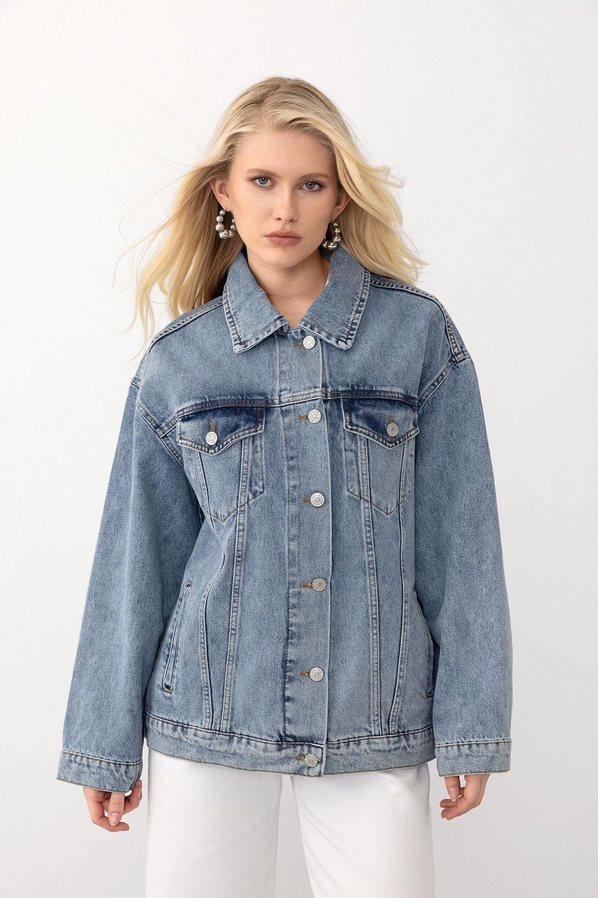 Olcay-8253 Model Oversize Denim Jacket Mahallevi Deniz Blue 2