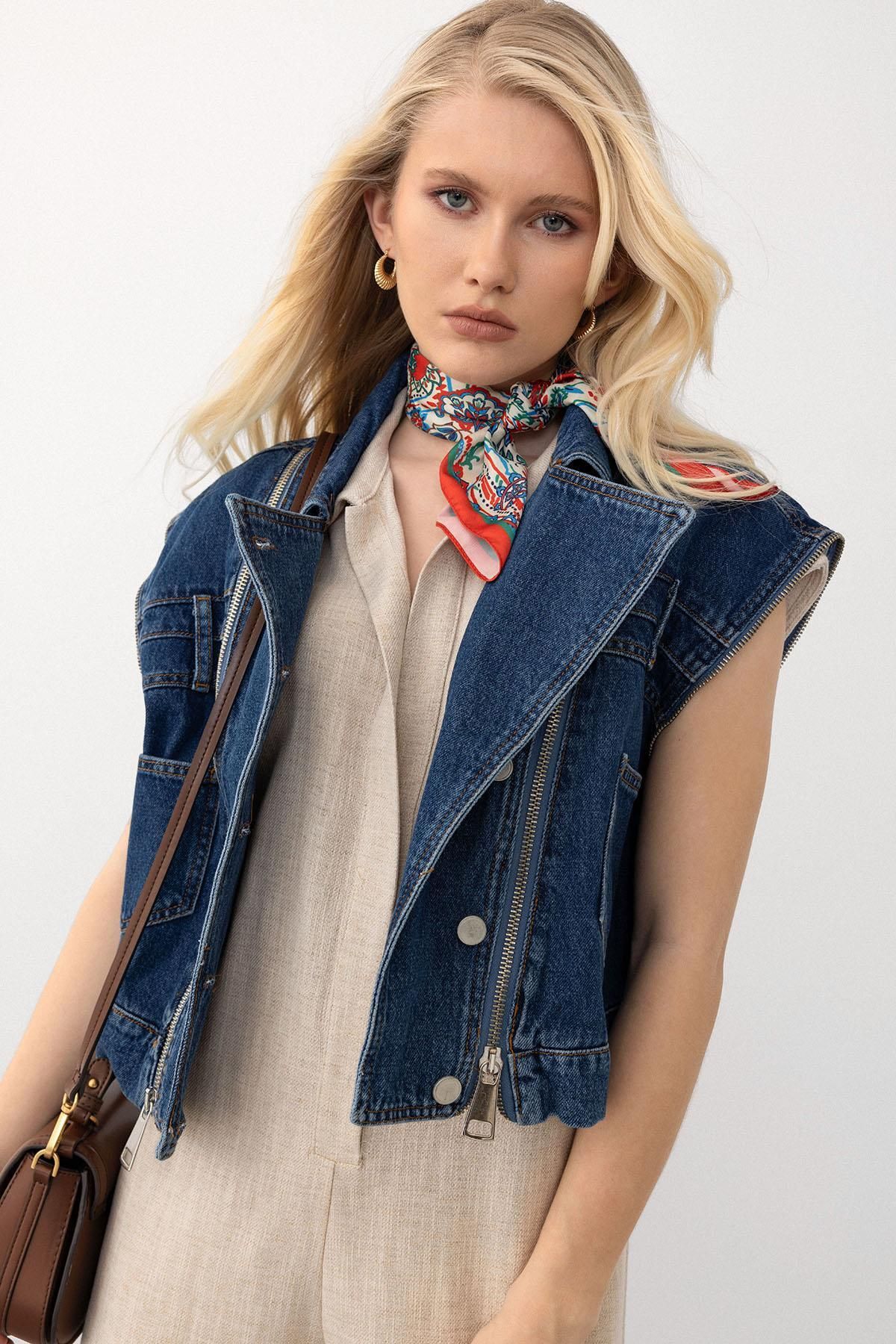 Olcay-Zipper Detailed Short Denim Vest Dark Blue 8256 3