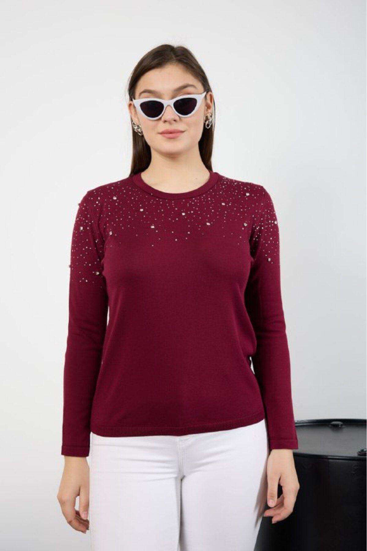 Coşkun GİYİM-Women's Crew Neck Viscose Pollyelite Front Stone Detailed Knitwear Blouse Claret Red B7065 2