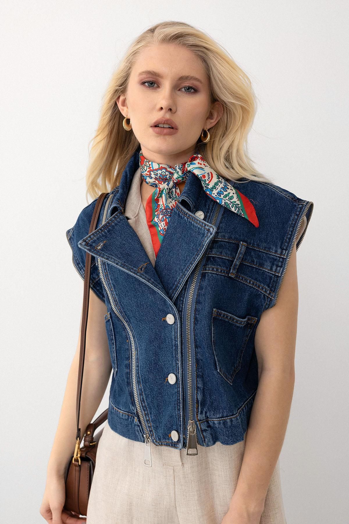 Olcay-Zipper Detailed Short Denim Vest Dark Blue 8256 2