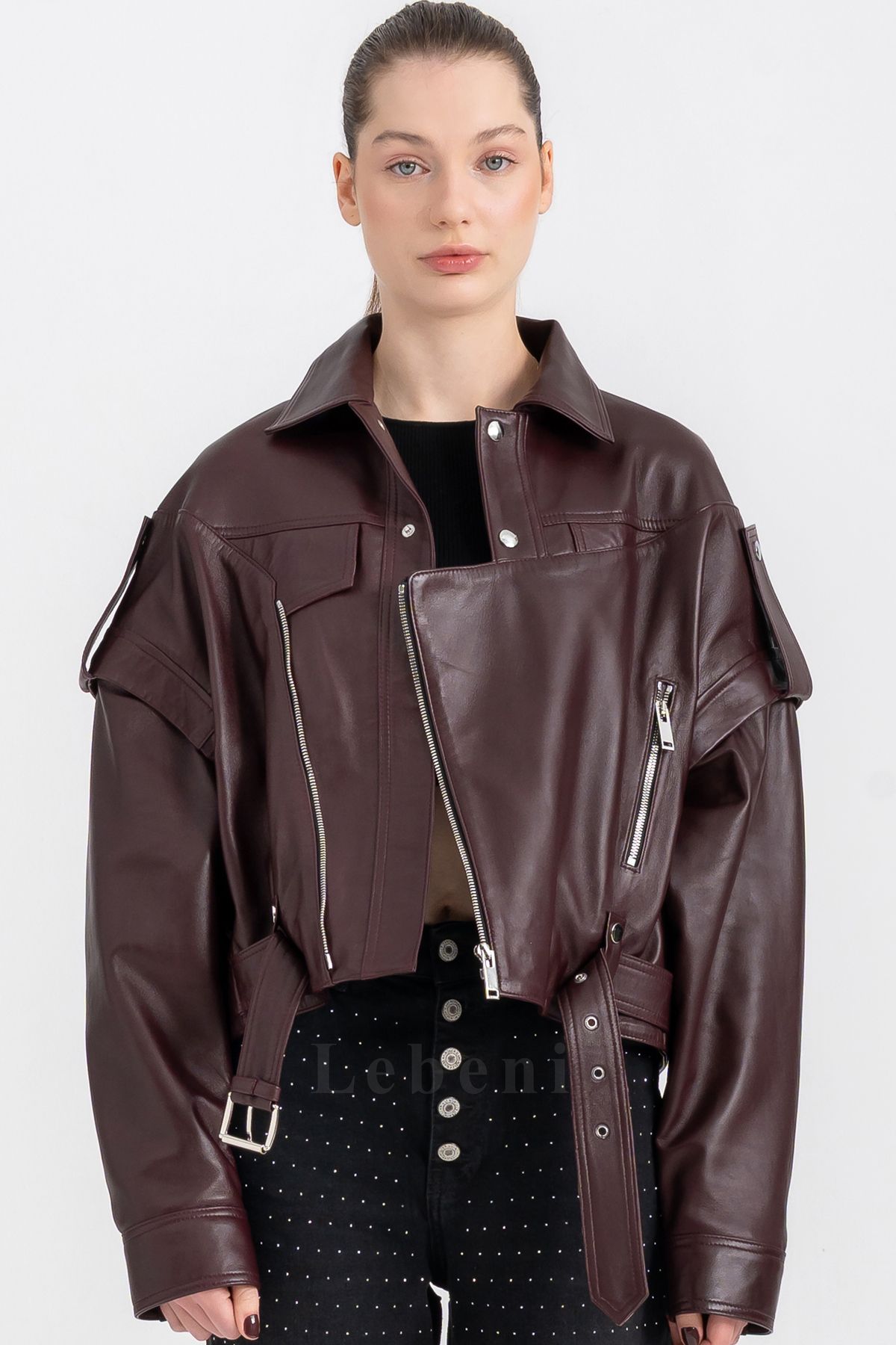 Lebeni-Women's Oversize Real Burgundy Lambskin Jacket Asymmetrical Zipper Biker Jacket 2