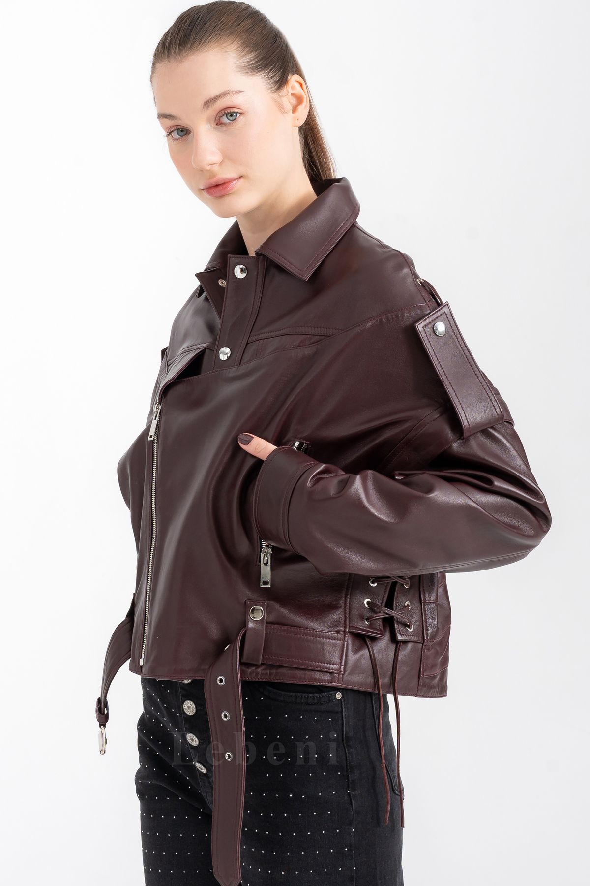 Lebeni-Women's Oversize Real Burgundy Lambskin Jacket Asymmetrical Zipper Biker Jacket 4