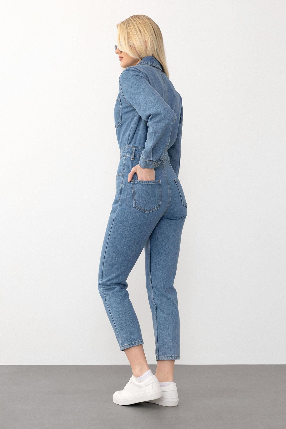 Olcay-Kék zsebes részletes gombos farmer Jumpsuit 9270 modellszám 8