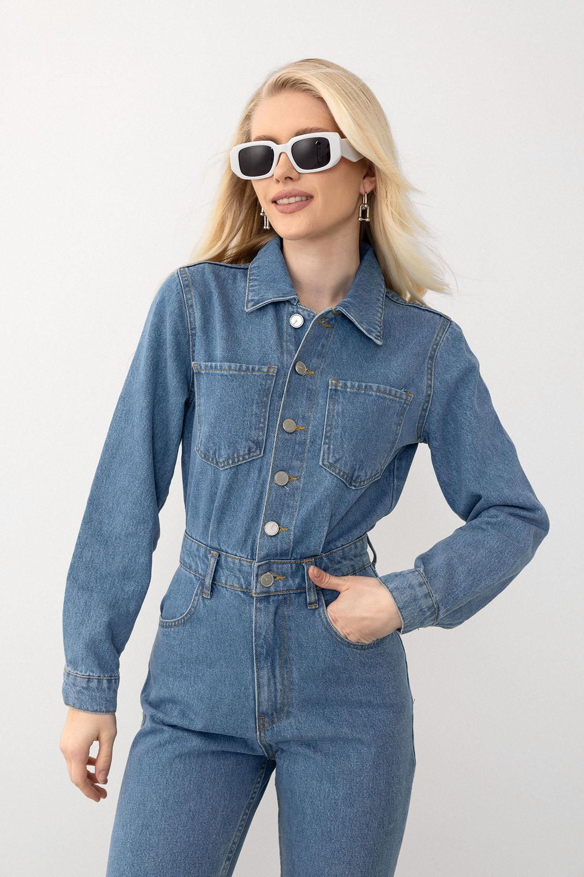 Olcay-Kék zsebes részletes gombos farmer Jumpsuit 9270 modellszám 4