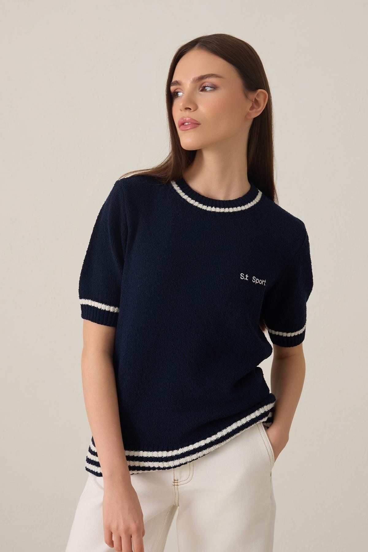 Setre-Navy Blue Crew Neck Stripe Detail Short Sleeve Knitwear Blouse 1