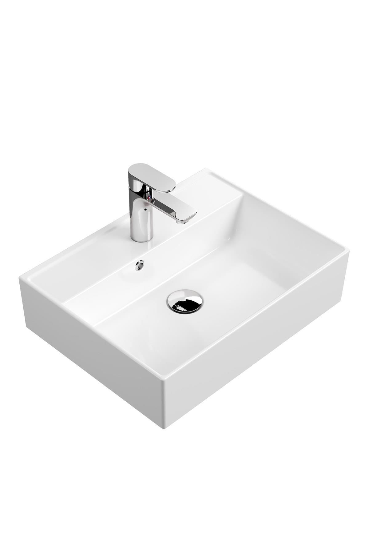 Plan Tezgah Üstü Kare Çanak Lavabo, 50x38 Cm. Beyaz