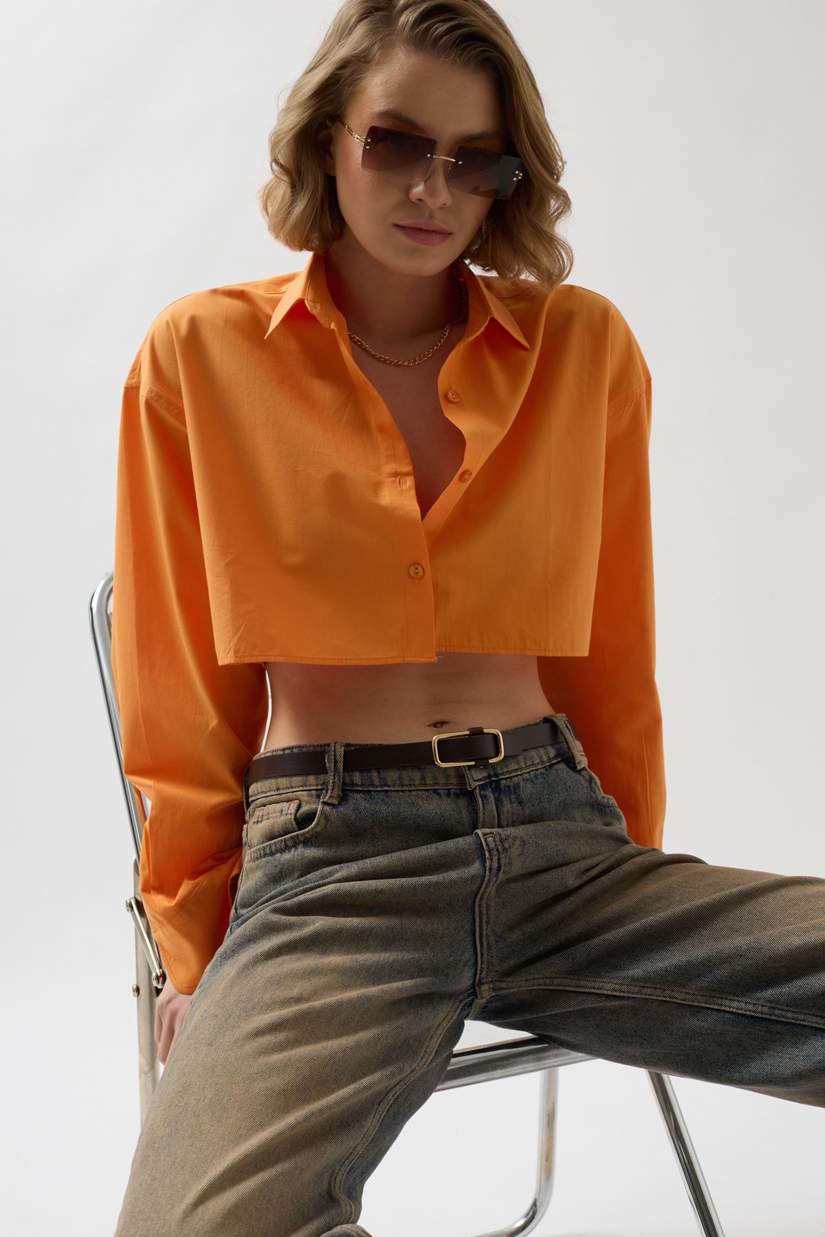 Black Fashion Cămașă Oversize Crop Portocaliu Femeie - S