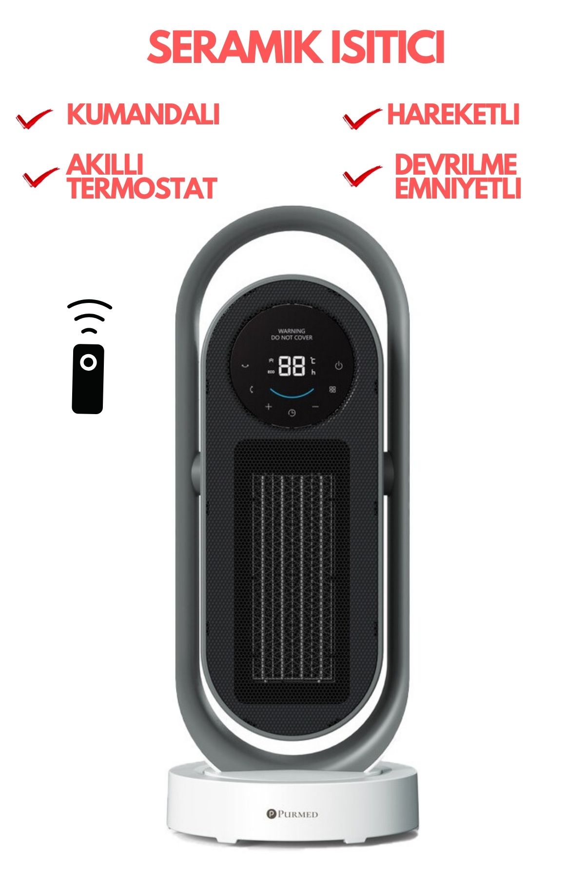 PURMED Kule tipi Kumandalı hareketli Seramik fanlı ısıtıcı