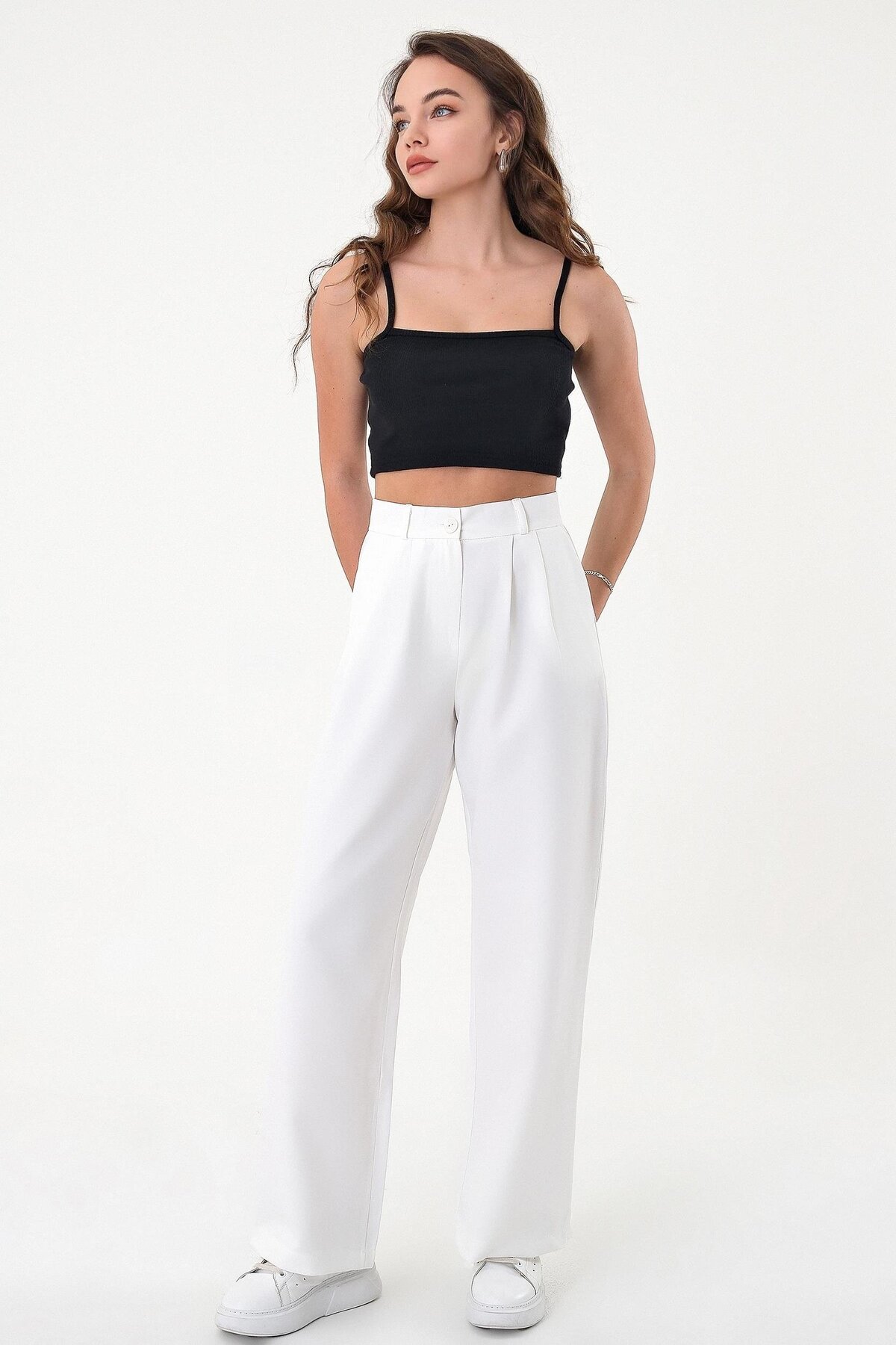 Hazel  Kadın Beyaz Yüksek Bel Palazzo Pantolon - Görsel 4
