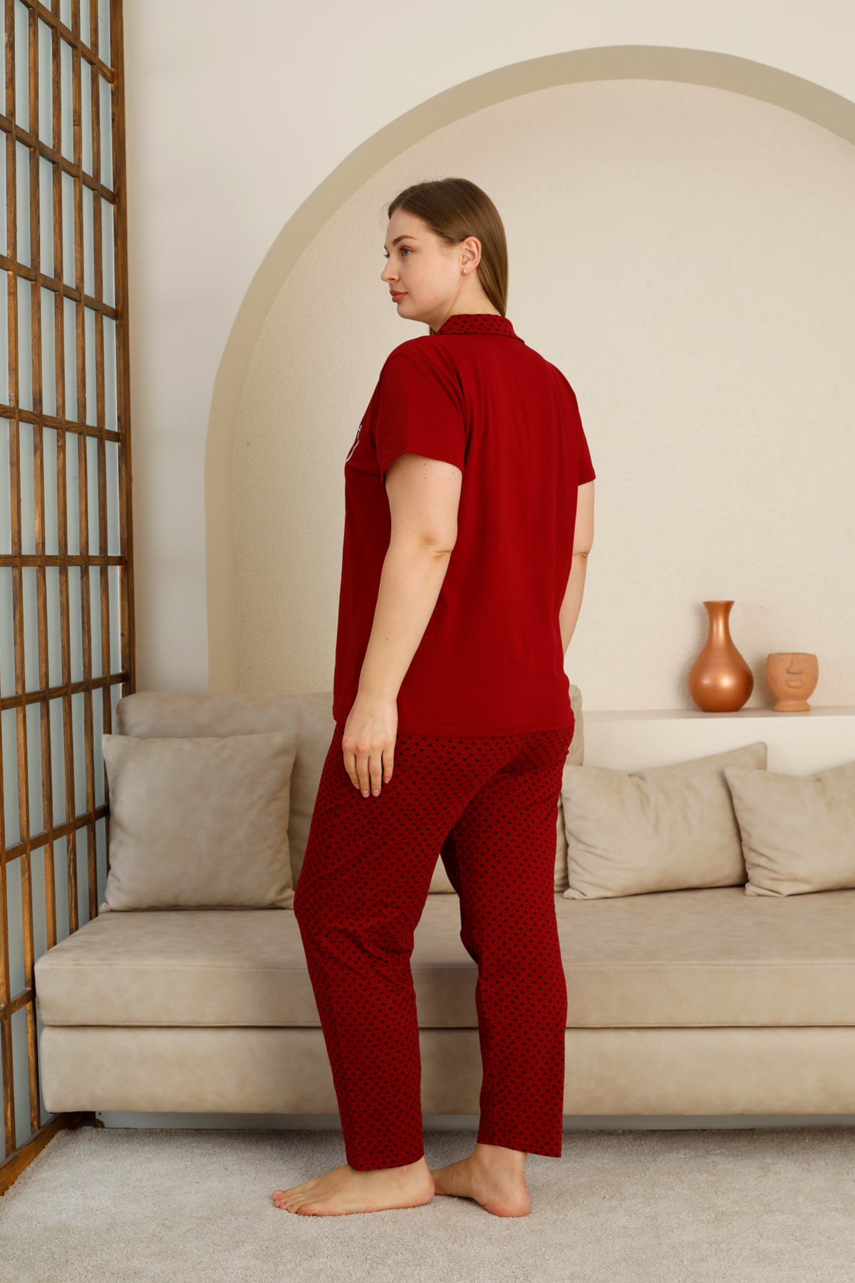 Nisanca  Kadın Kırmızı Büyük Beden Mevsimlik Önden Düğmeli Pijama Takımı - Görsel 3