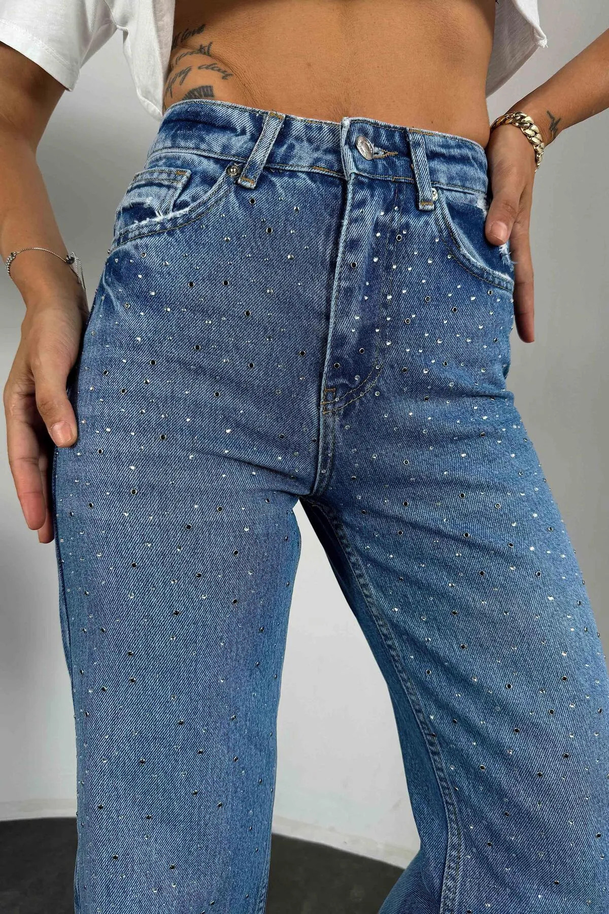 Fibula  Yüksek bel taşlı geniş paça mavi jean pantolon - Görsel 3