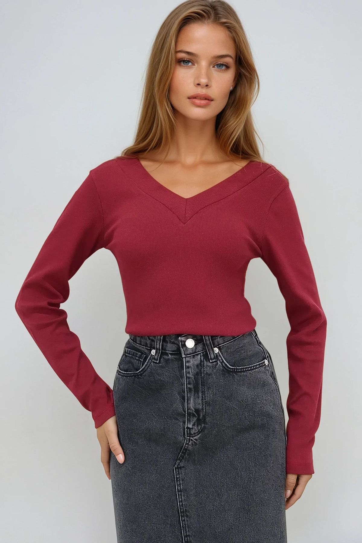 VAGGON-Front and Back V-Neck Ribbed Knitted Blouse 3