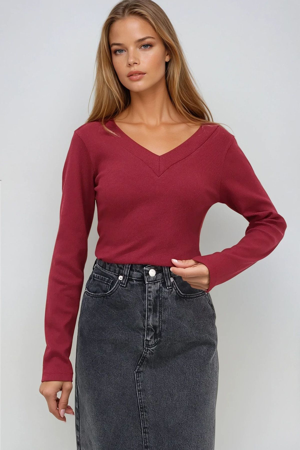 VAGGON-Front and Back V-Neck Ribbed Knitted Blouse 2