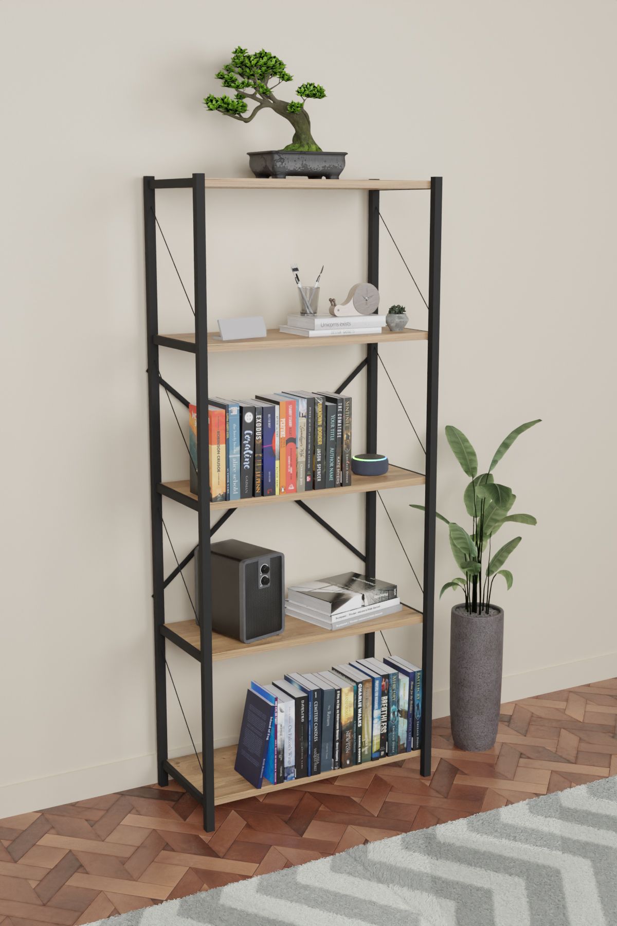 Ahşap Net Plus Kitaplık 5 Katlı Dekoratif Raf Garantisiz Kahverengi Modern Modern