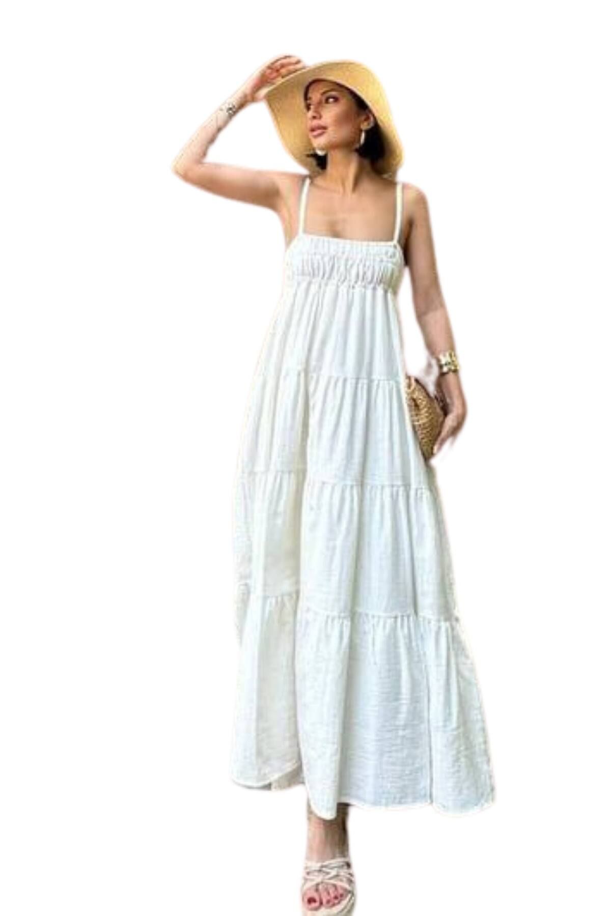 Moda Amore-Summer Women's Cotton Dress - Gipe Detailed Strap Muslin Fabric Midi Length 4198 4