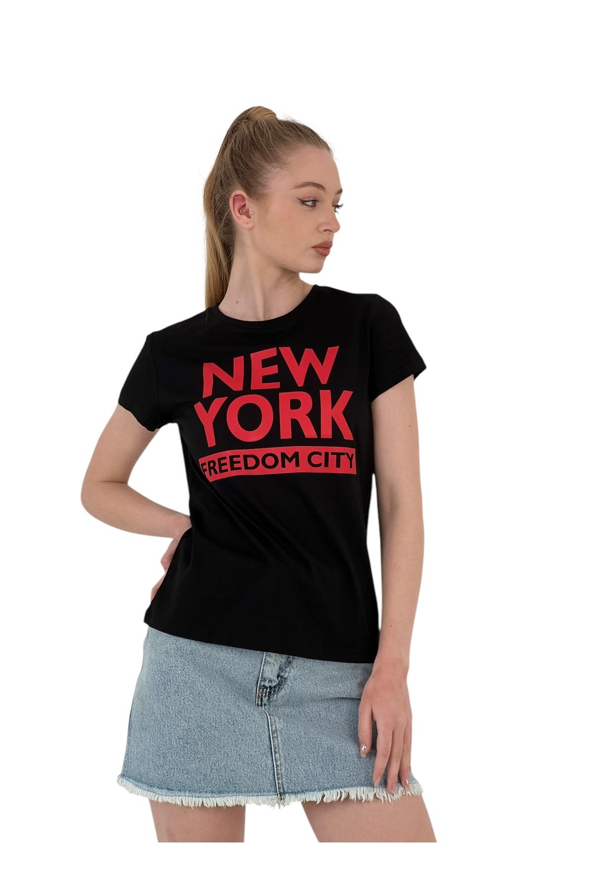 Miss Poem-Women's New York Print Short Sleeve Summer Black T-Shirt 3