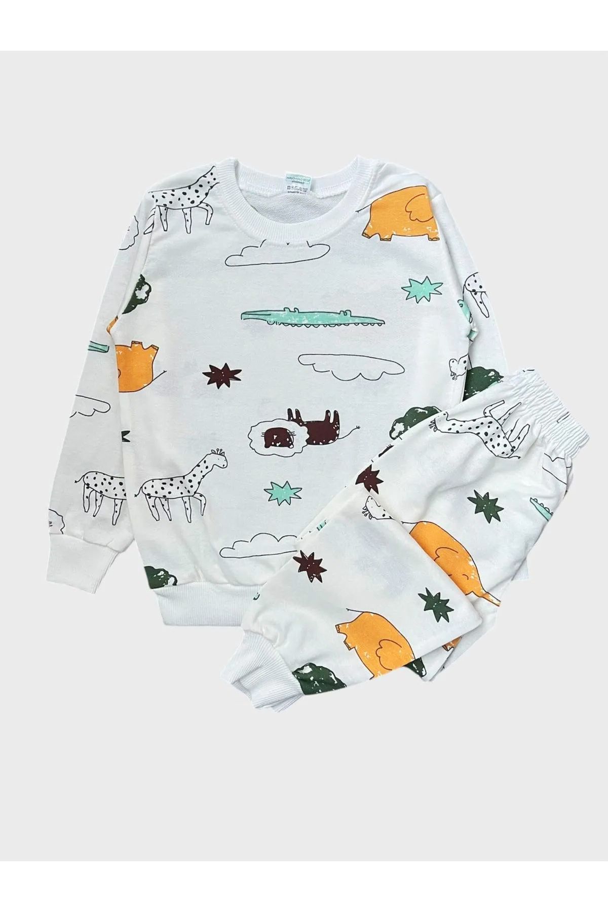 TOFU KİDS-(New Season) Boy's Cotton White Safari Lion Elephant Patterned Long Sleeve Seasonal Pajama Set 4