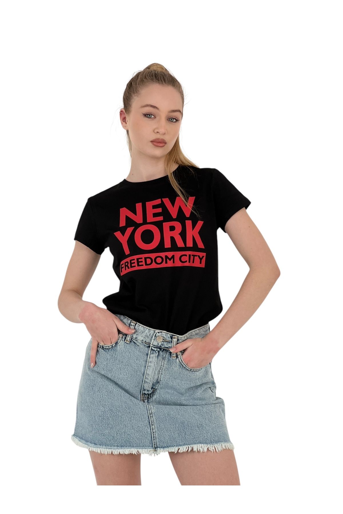 Miss Poem-Women's New York Print Short Sleeve Summer Black T-Shirt 1