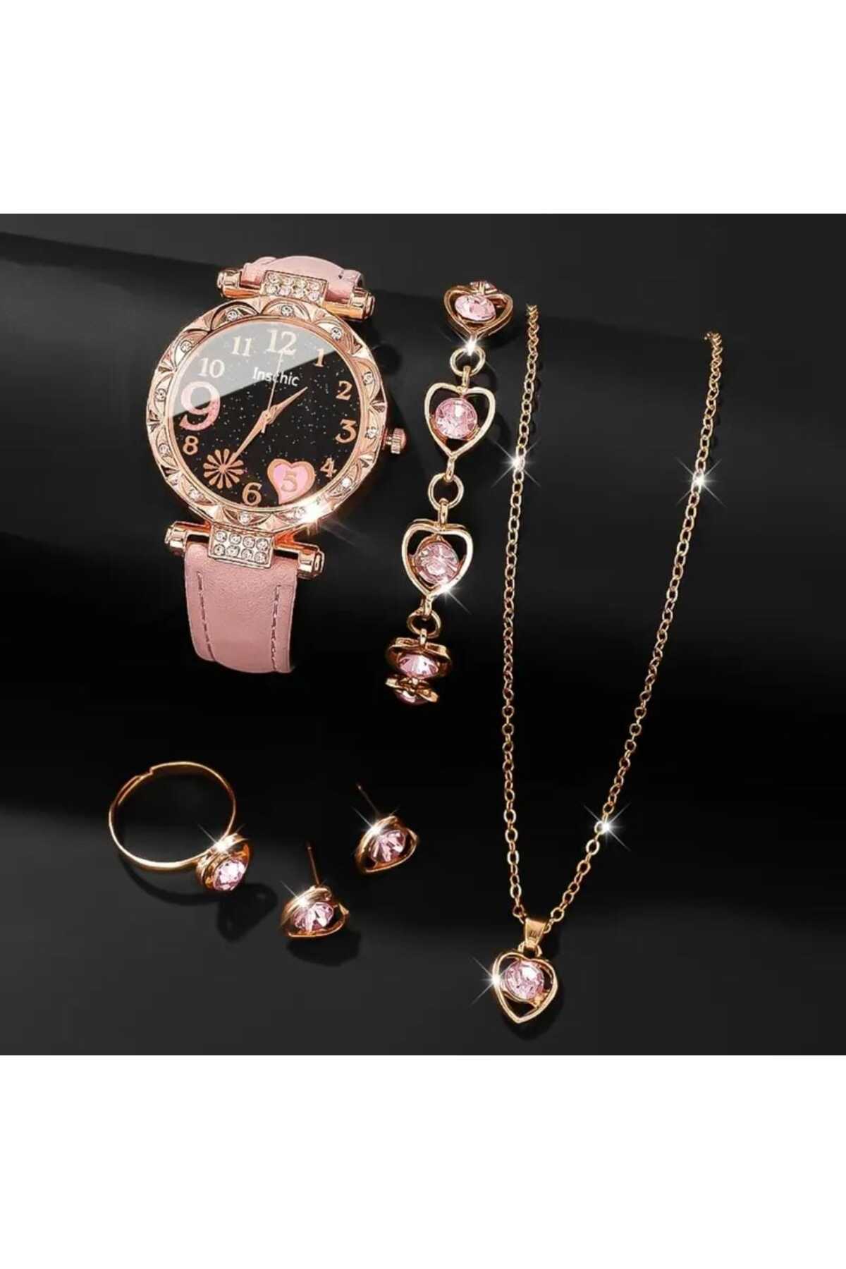 Beyna Gold Kaplama Kalp Kolye Küpe Bileklik Yüzük Saat Seti Hediye Set Sevgiliye Hediye Anneye Hediye