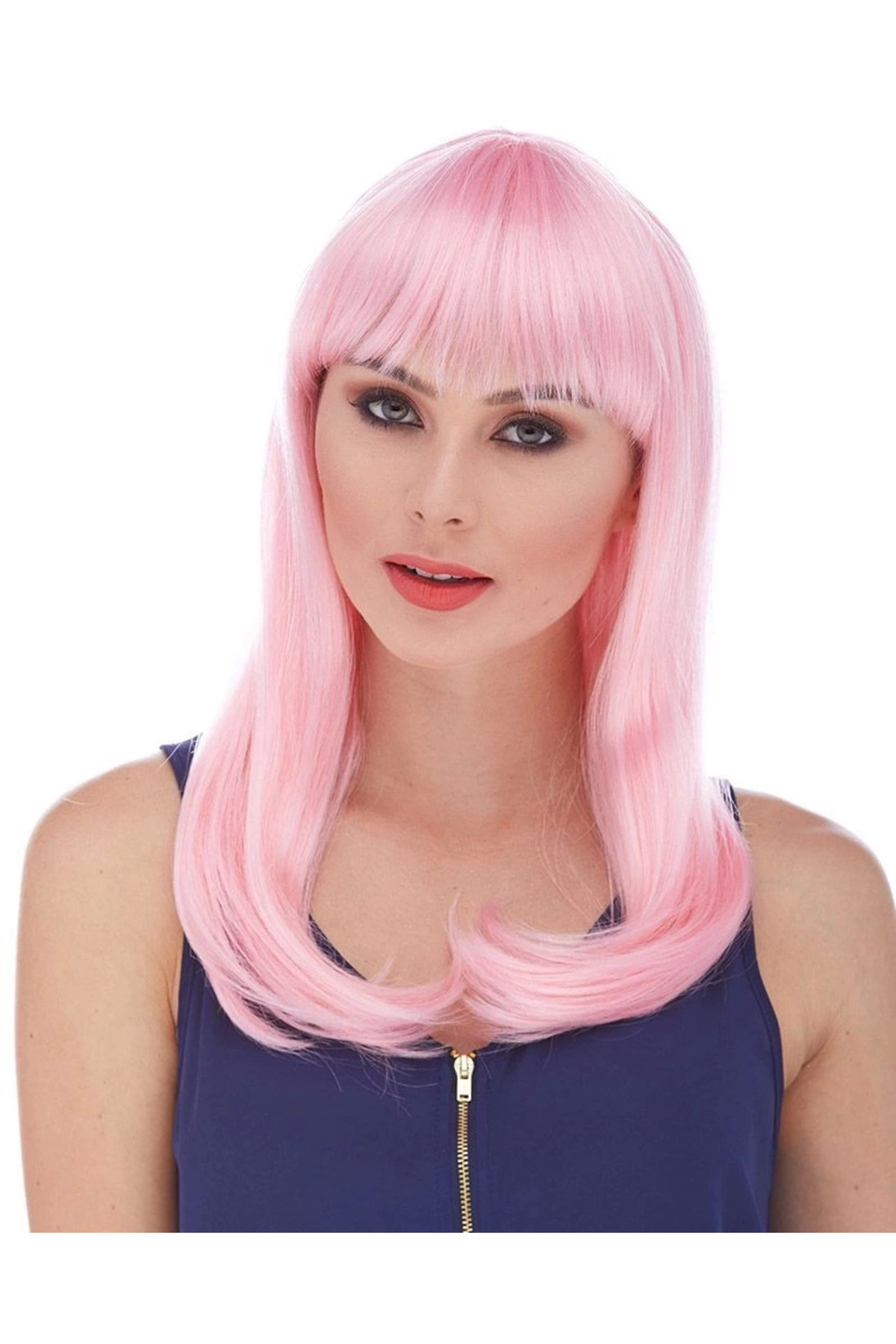 CT STONES Soft Pembe Renk Uzun Düz Parti Peruğu