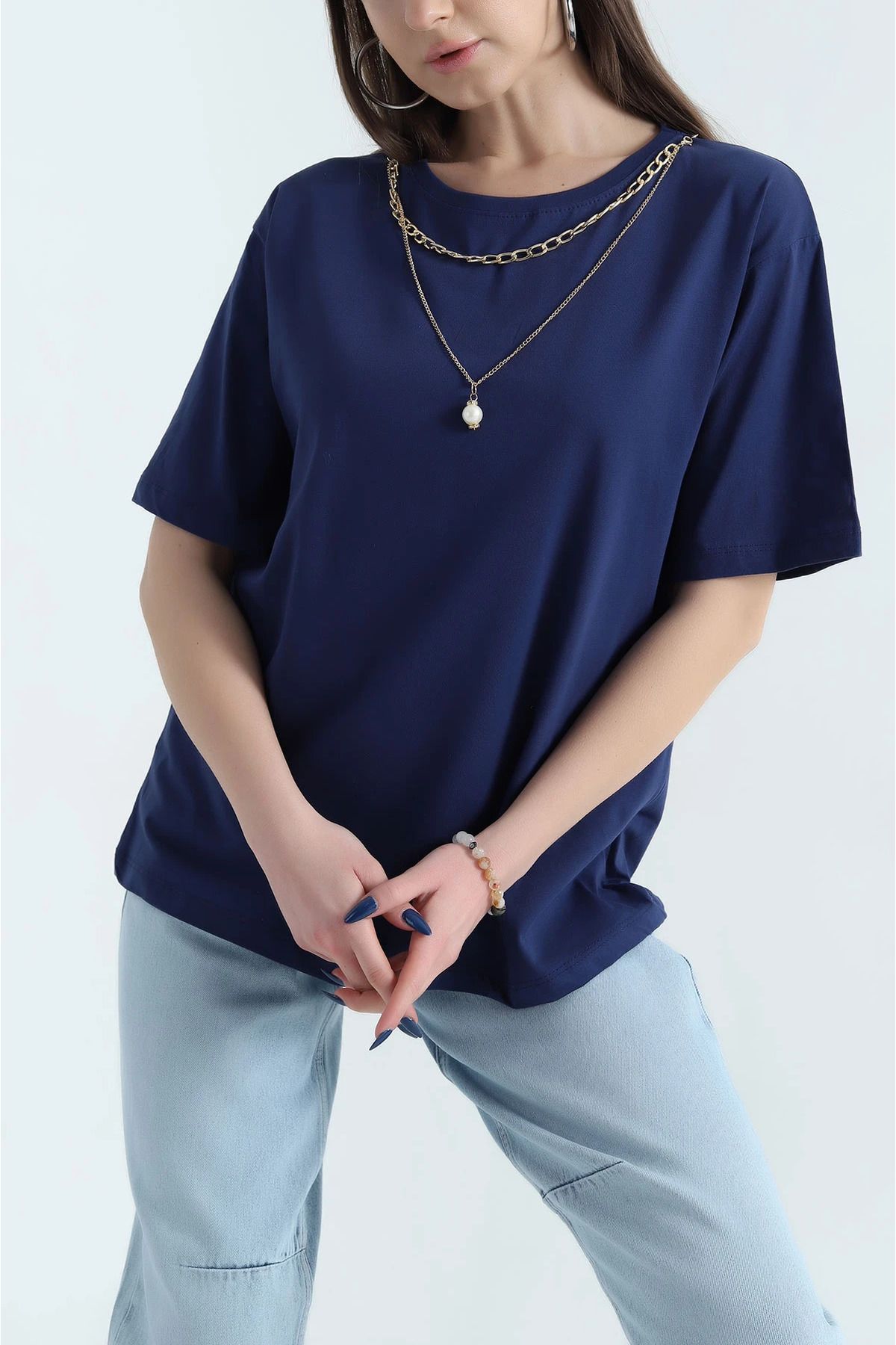 vuvutasarım-New Season Navy Blue Single Jersey T-Shirt with Necklace Accessories 4