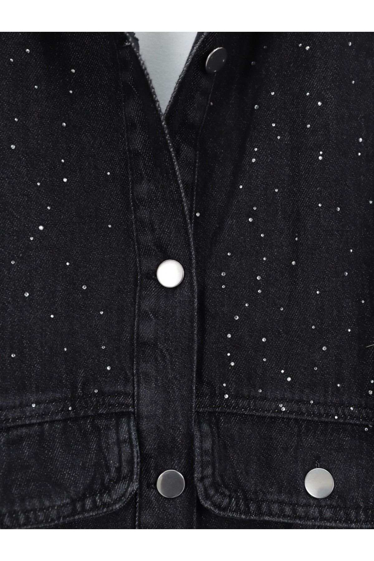 Modamorfo-Denim Jacket with Spilled Stone Detail and Flap Pocket - Black 5