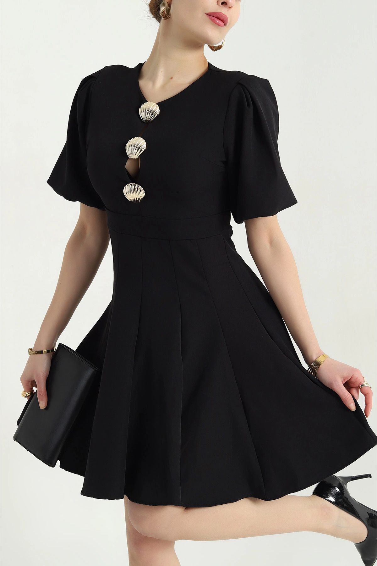 vuvutasarım-New Season Black Gold Oyster Design Zippered Padded Crepe Dress 4