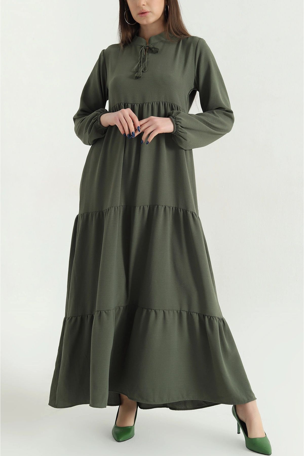 vuvutasarım-New Season Khaki Collar Tied Layered Aerobin Dress 2