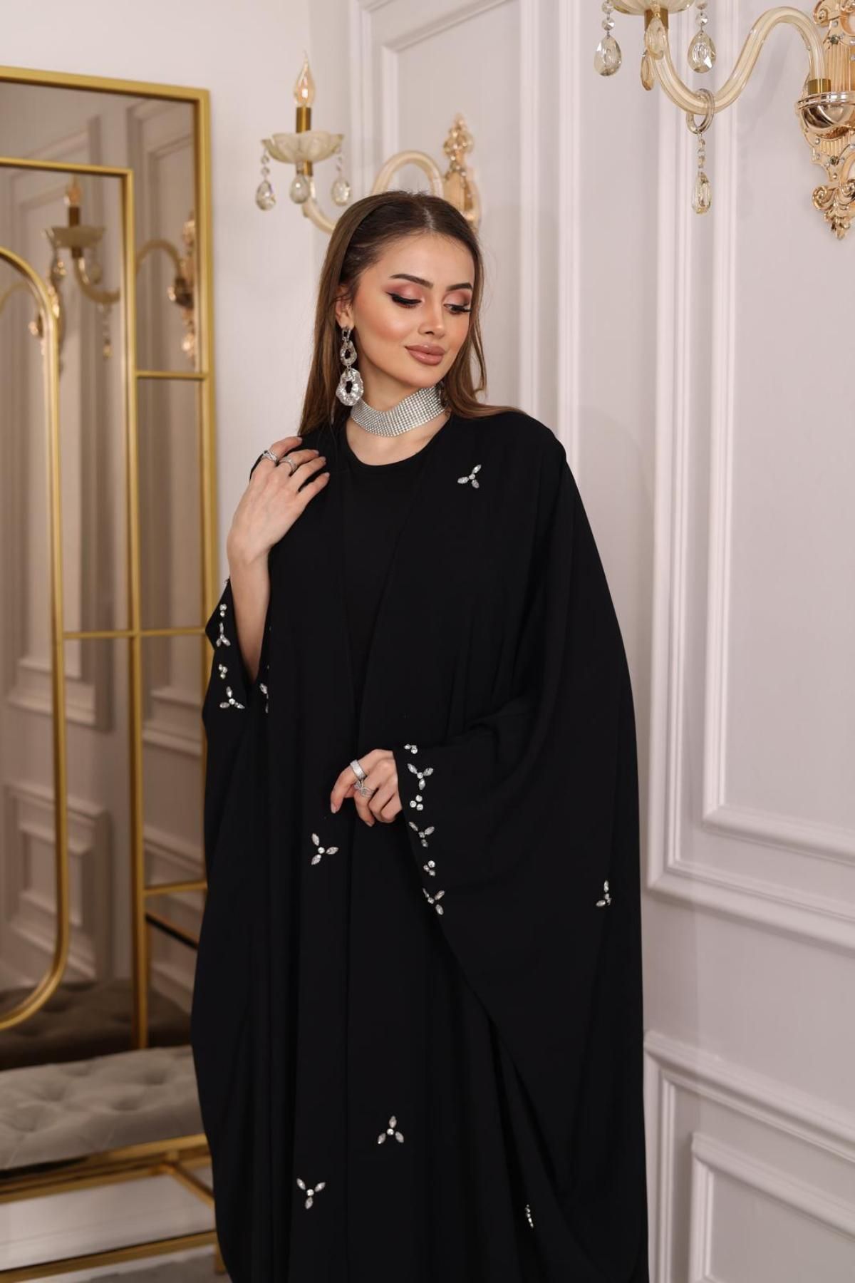 MAY MARA-Plus Size Drop Stone Embroidered Detailed Evening Dress Abaya 3