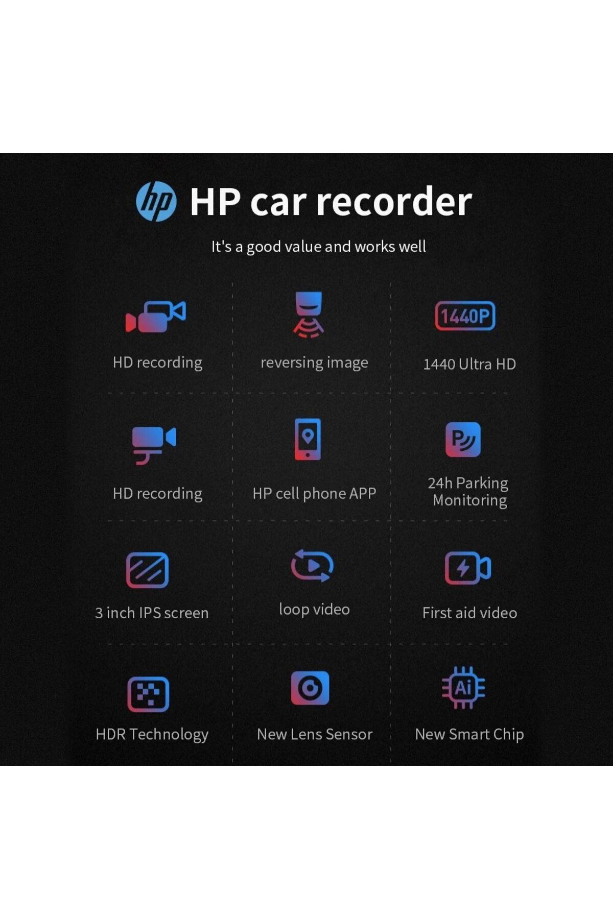 HP-(عدسة مزدوجة) كاميرا سيارة 64G كاميرا لوحة القيادة 2K HD رؤية ليلية واي فاي DVR حلقة فيديو فيديو وقوف السيارات 3